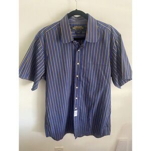 Aldo Conti Mens Blue and Tan Stripe Short Sleeve Button Up Shirt
